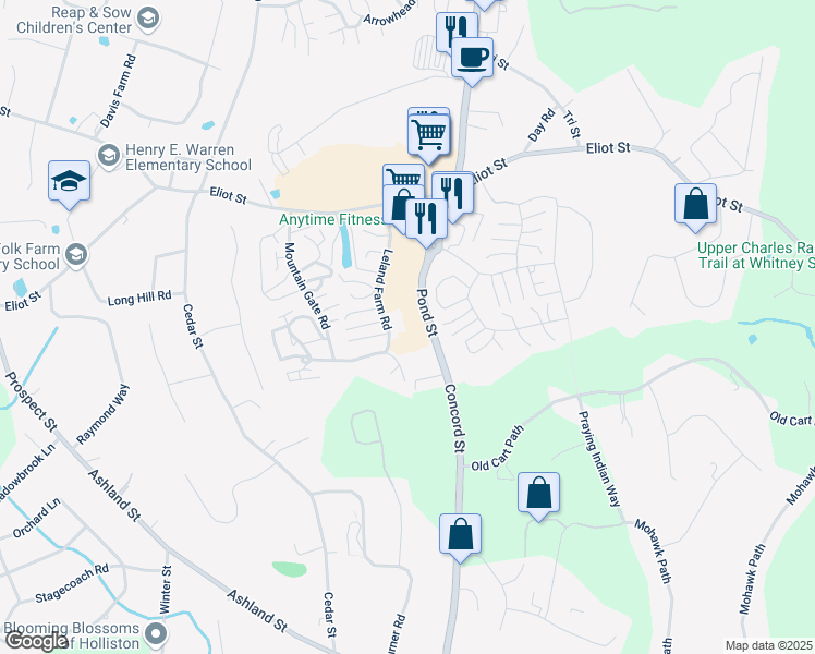 map of restaurants, bars, coffee shops, grocery stores, and more near 367 Pond Street in Ashland