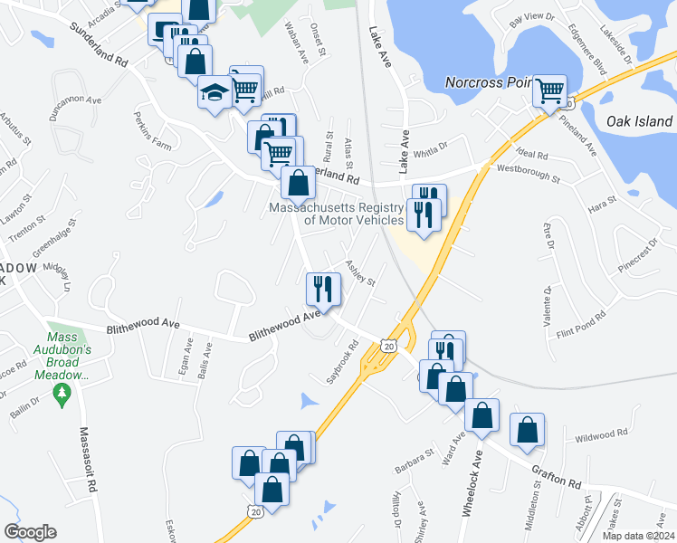 map of restaurants, bars, coffee shops, grocery stores, and more near 25 Clarissa Street in Worcester