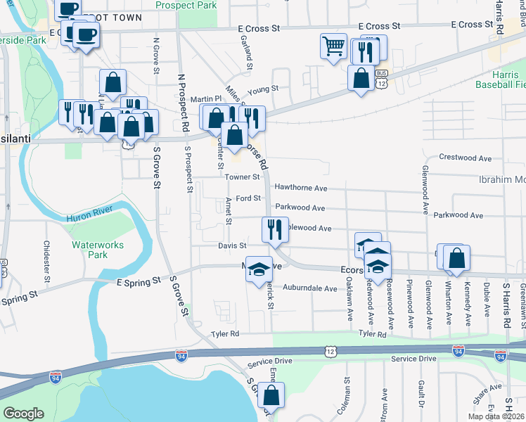 map of restaurants, bars, coffee shops, grocery stores, and more near 773 Ford Street in Ypsilanti