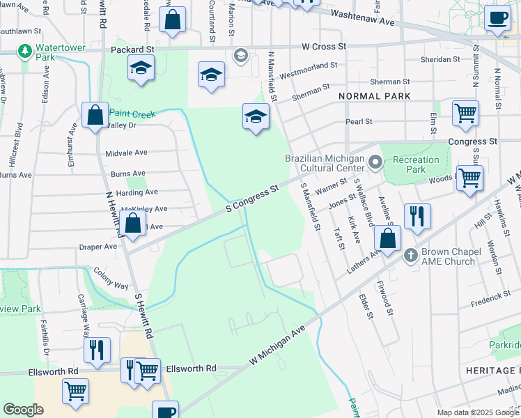 map of restaurants, bars, coffee shops, grocery stores, and more near 1520 South Congress Street in Ypsilanti