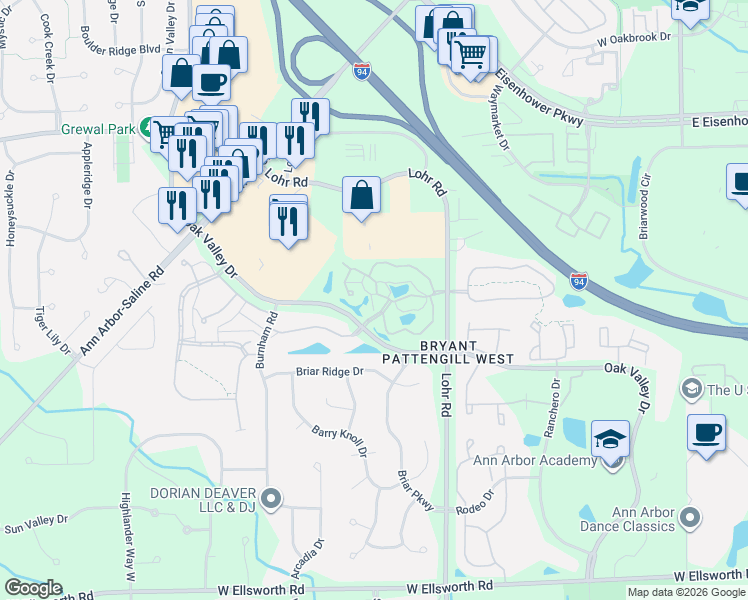 map of restaurants, bars, coffee shops, grocery stores, and more near 1677 Coburn Drive in Ann Arbor