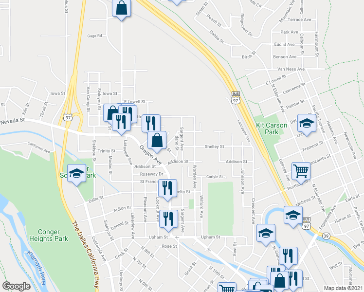 map of restaurants, bars, coffee shops, grocery stores, and more near Sargent Ave & Shelley St in Klamath Falls