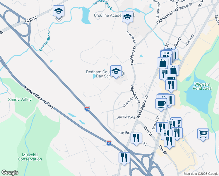map of restaurants, bars, coffee shops, grocery stores, and more near 122 Sandy Valley Road in Dedham