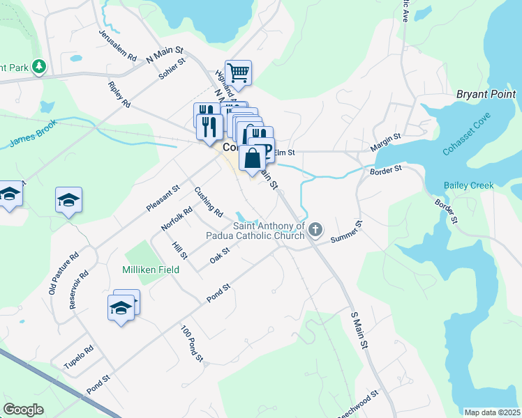 map of restaurants, bars, coffee shops, grocery stores, and more near 91A South Main Street in Cohasset