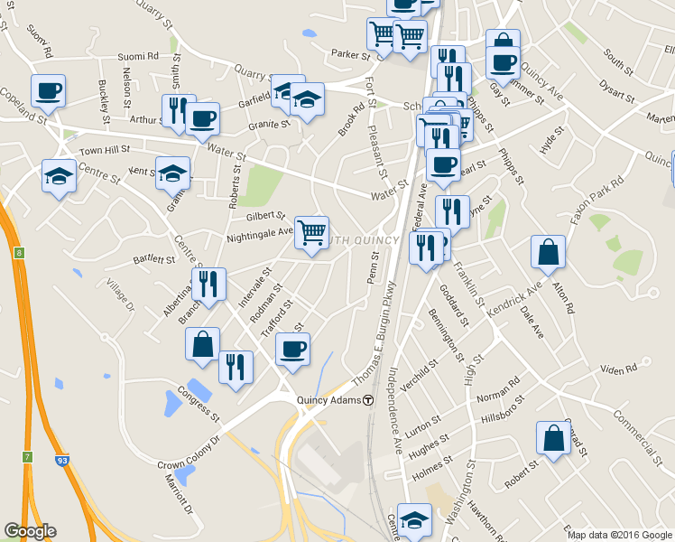 map of restaurants, bars, coffee shops, grocery stores, and more near in Quincy