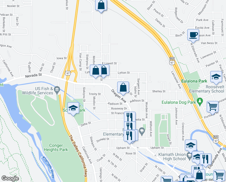 map of restaurants, bars, coffee shops, grocery stores, and more near Oregon Ave & Harriman St in Klamath Falls