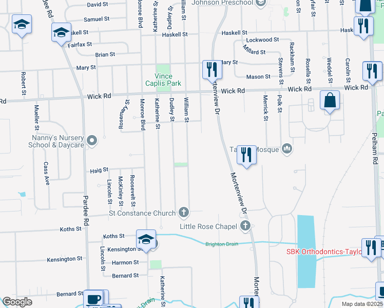 map of restaurants, bars, coffee shops, grocery stores, and more near 9605 William Street in Taylor