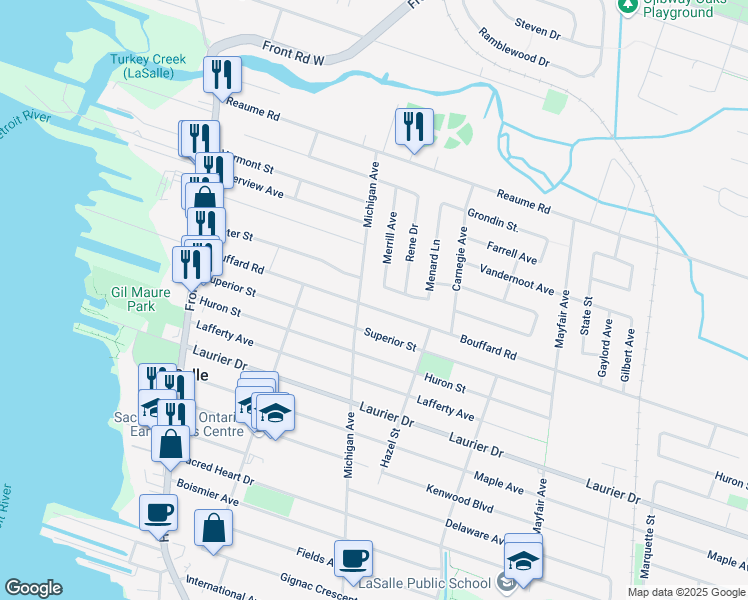 map of restaurants, bars, coffee shops, grocery stores, and more near 327 Bouffard Road in Windsor