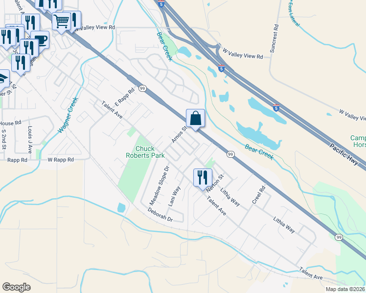map of restaurants, bars, coffee shops, grocery stores, and more near 460 Arnos Road in Talent