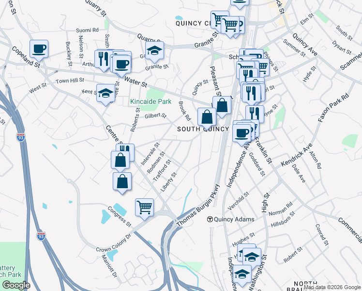 map of restaurants, bars, coffee shops, grocery stores, and more near 8 Trafford Street in Quincy