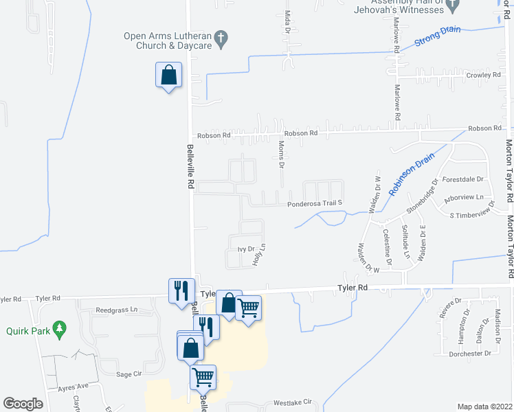 map of restaurants, bars, coffee shops, grocery stores, and more near 136 Ponderosa Trail South in Van Buren Charter Township