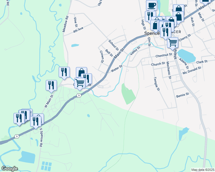 map of restaurants, bars, coffee shops, grocery stores, and more near 60 Crestview Drive in Spencer