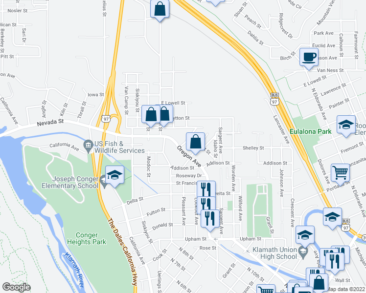 map of restaurants, bars, coffee shops, grocery stores, and more near 1936 Harriman Street in Klamath Falls
