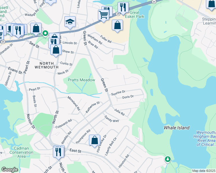 map of restaurants, bars, coffee shops, grocery stores, and more near 194 Green Street in Weymouth