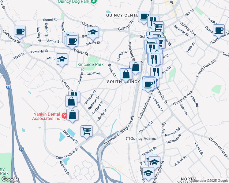 map of restaurants, bars, coffee shops, grocery stores, and more near in Quincy