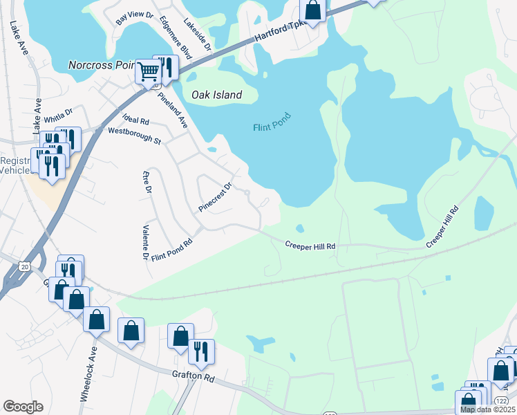 map of restaurants, bars, coffee shops, grocery stores, and more near 15 Pointe Rok Drive in Worcester