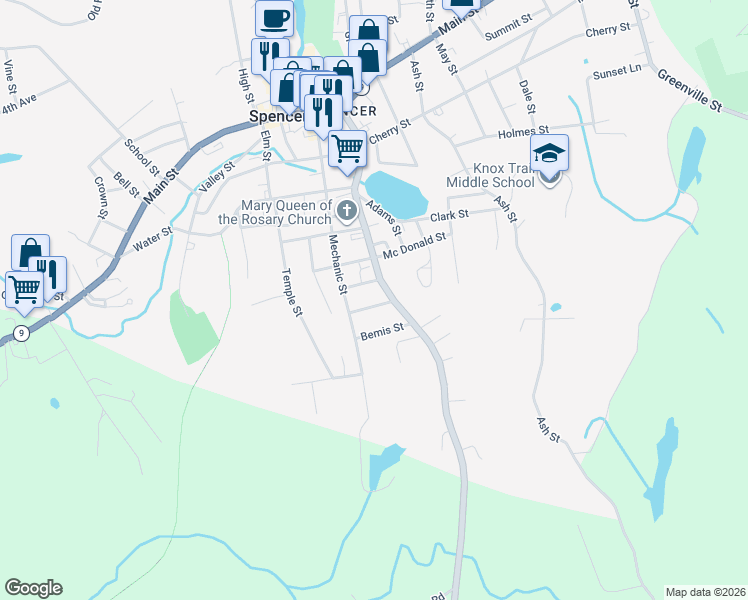 map of restaurants, bars, coffee shops, grocery stores, and more near 70 Maple Street in Spencer