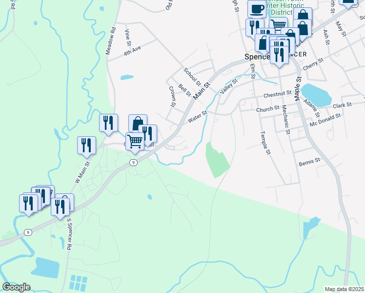 map of restaurants, bars, coffee shops, grocery stores, and more near 60 Crestview Drive in Spencer