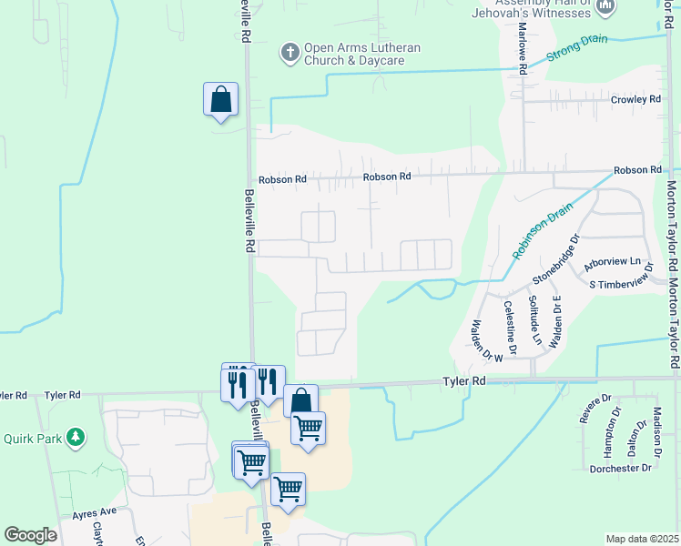 map of restaurants, bars, coffee shops, grocery stores, and more near 110 Peachtree Lane in Van Buren Charter Township