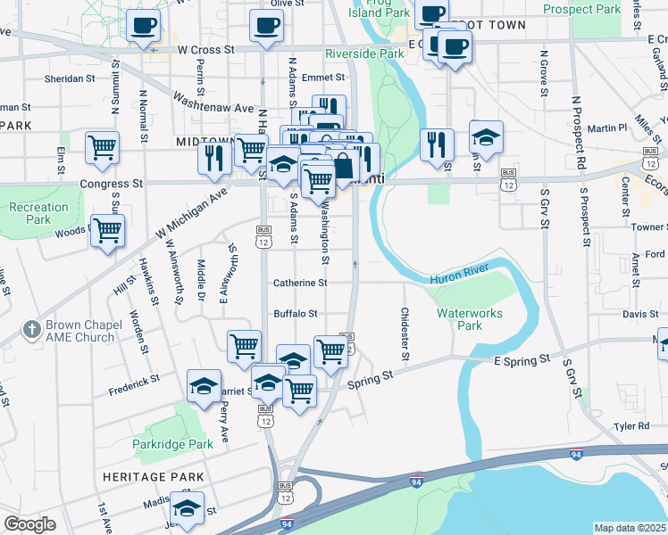 map of restaurants, bars, coffee shops, grocery stores, and more near in Ypsilanti