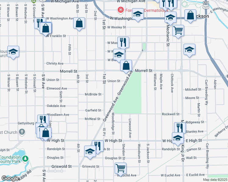 map of restaurants, bars, coffee shops, grocery stores, and more near 1019 Woodbridge Street in Jackson