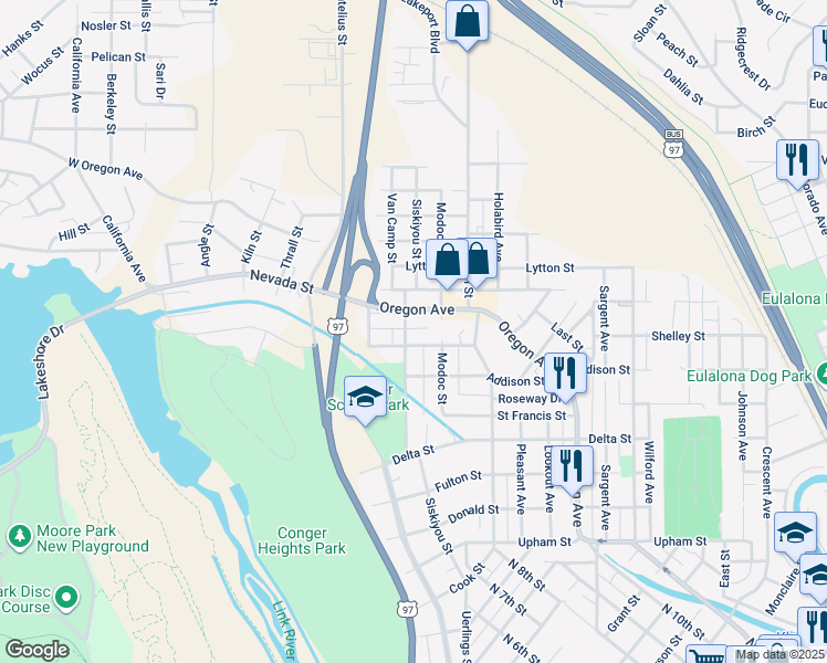 map of restaurants, bars, coffee shops, grocery stores, and more near 1917 Siskiyou Street in Klamath Falls