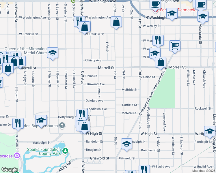 map of restaurants, bars, coffee shops, grocery stores, and more near 717 Elmwood Avenue in Jackson