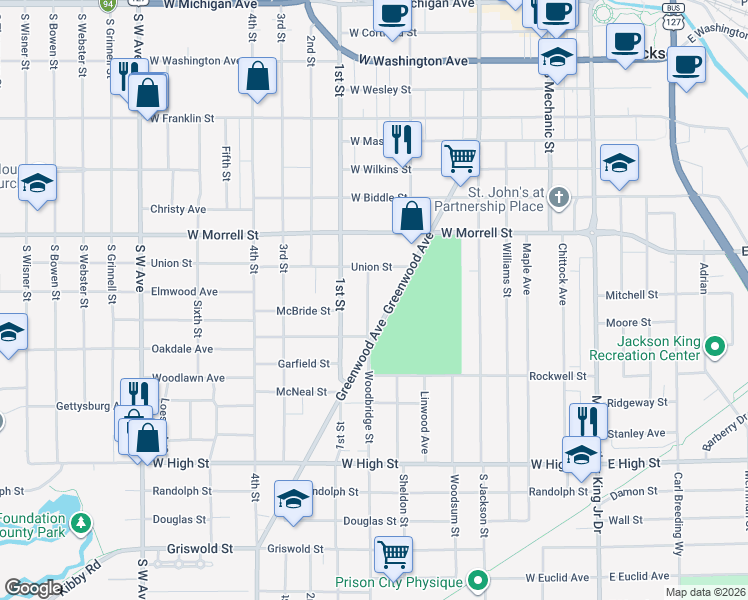 map of restaurants, bars, coffee shops, grocery stores, and more near 1012 Woodbridge Street in Jackson