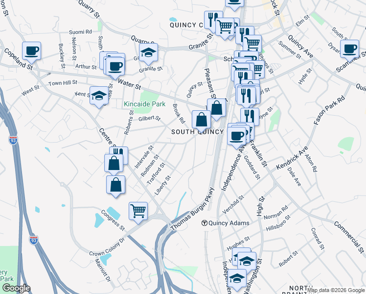 map of restaurants, bars, coffee shops, grocery stores, and more near in Quincy