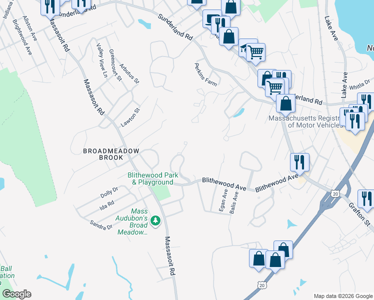 map of restaurants, bars, coffee shops, grocery stores, and more near Hickory Hill in Worcester