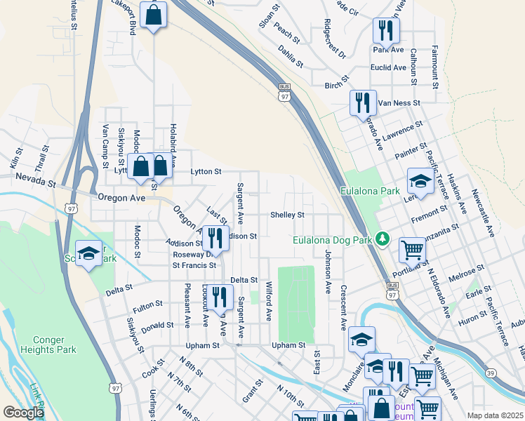 map of restaurants, bars, coffee shops, grocery stores, and more near 1903 Worden Avenue in Klamath Falls