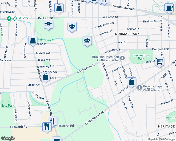 map of restaurants, bars, coffee shops, grocery stores, and more near 1587 South Congress Street in Ypsilanti