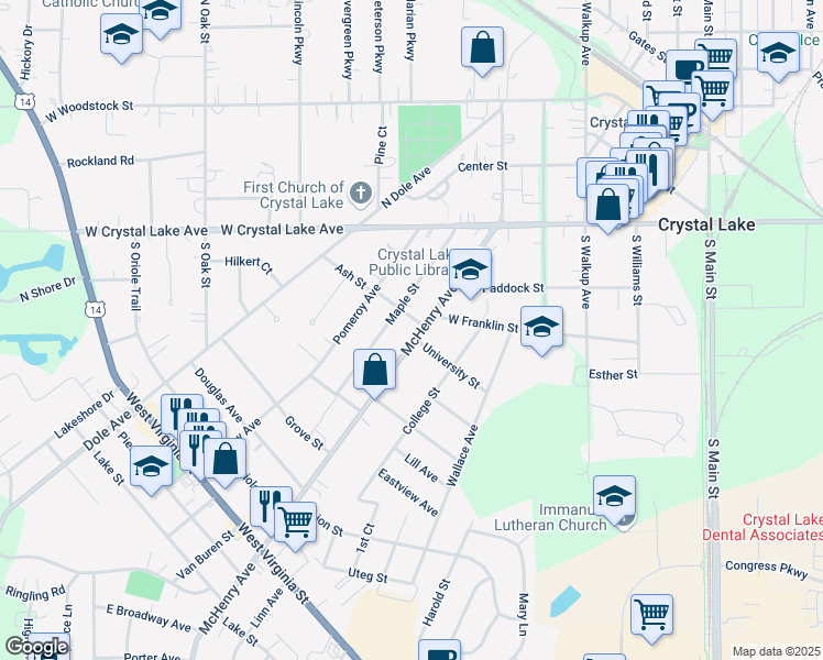 map of restaurants, bars, coffee shops, grocery stores, and more near 200 Ash Street in Crystal Lake