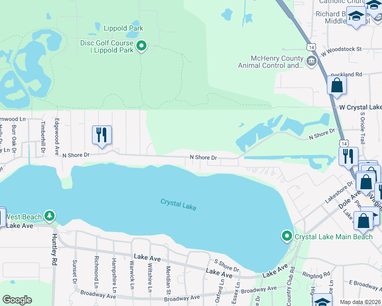 map of restaurants, bars, coffee shops, grocery stores, and more near 854 North Shore Drive in Crystal Lake