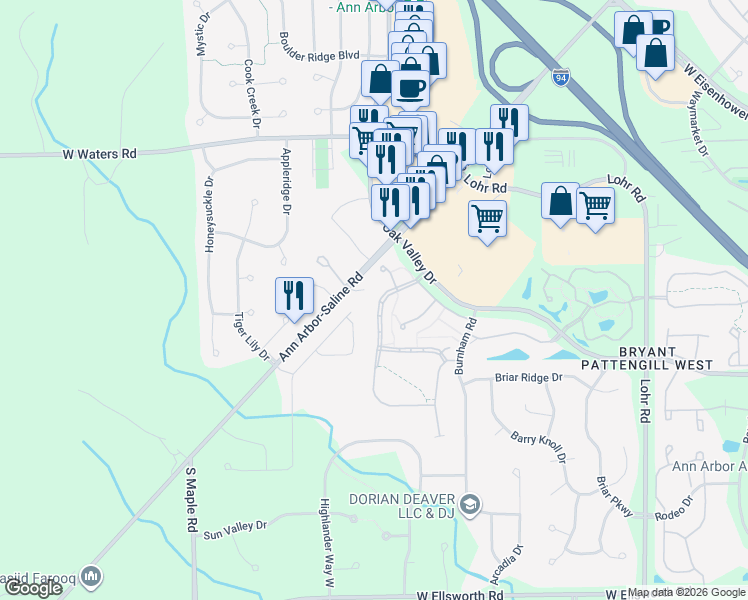 map of restaurants, bars, coffee shops, grocery stores, and more near 2083 Bent Trail Court in Ann Arbor