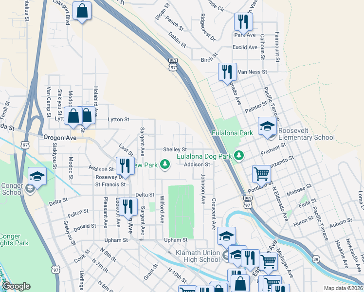 map of restaurants, bars, coffee shops, grocery stores, and more near 1920 Lancaster Avenue in Klamath Falls