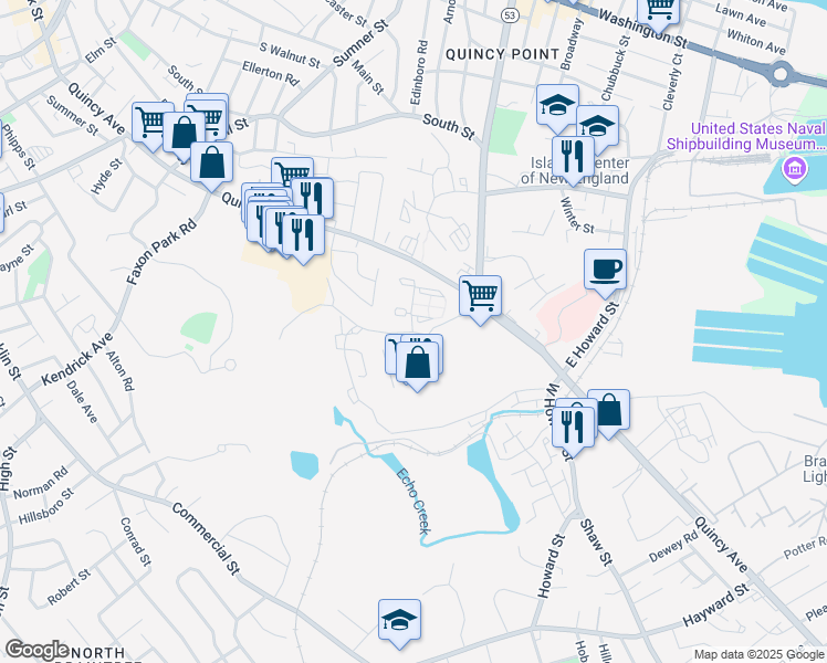 map of restaurants, bars, coffee shops, grocery stores, and more near 200 Falls Boulevard in Quincy