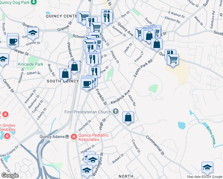 map of restaurants, bars, coffee shops, grocery stores, and more near 50 Endicott Street in Quincy