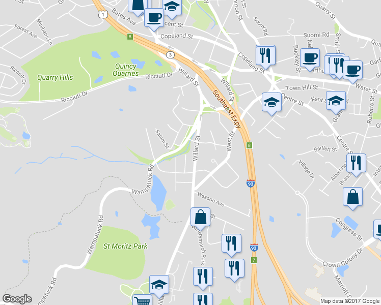 map of restaurants, bars, coffee shops, grocery stores, and more near 548 Willard Street in Quincy