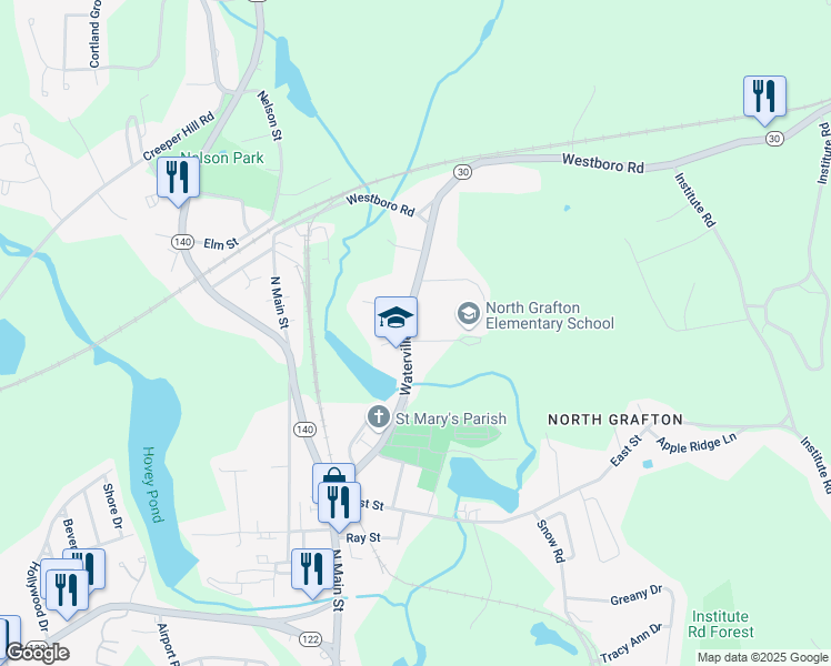 map of restaurants, bars, coffee shops, grocery stores, and more near 52 Massachusetts 30 in Grafton