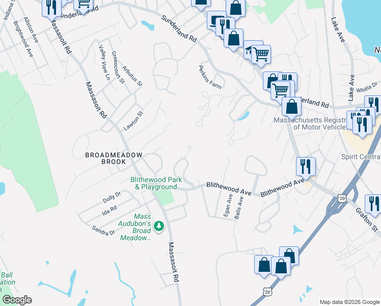 map of restaurants, bars, coffee shops, grocery stores, and more near Hickory Hill in Worcester