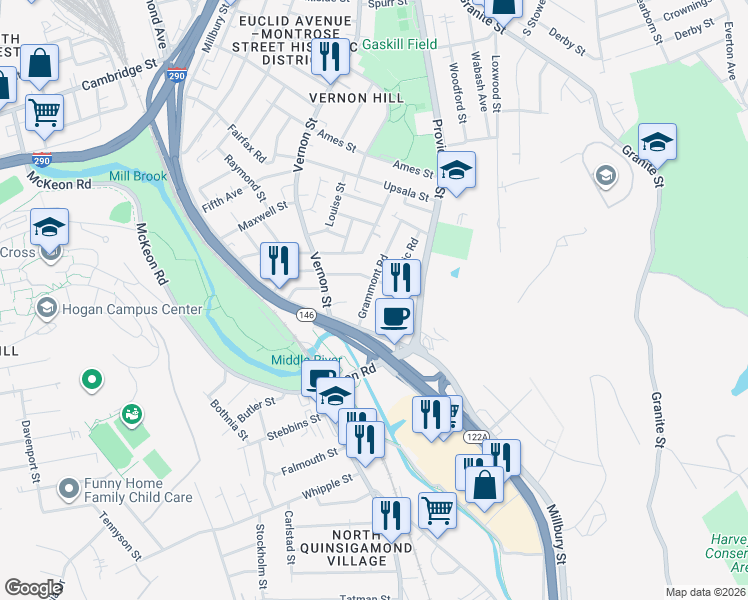 map of restaurants, bars, coffee shops, grocery stores, and more near 10 Gloucester Road in Worcester