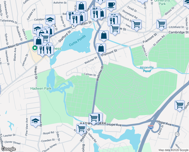 map of restaurants, bars, coffee shops, grocery stores, and more near 7 Lyman Street in Worcester