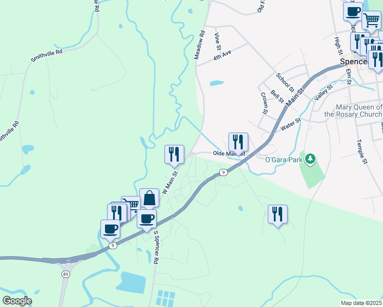 map of restaurants, bars, coffee shops, grocery stores, and more near 9 Meadow Road in Spencer