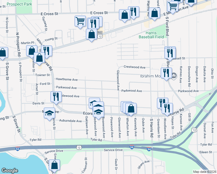 map of restaurants, bars, coffee shops, grocery stores, and more near 1130 Hawthorne Avenue in Ypsilanti