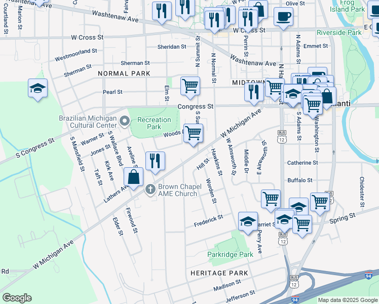 map of restaurants, bars, coffee shops, grocery stores, and more near 52 South Summit Street in Ypsilanti