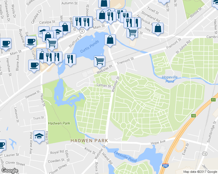 map of restaurants, bars, coffee shops, grocery stores, and more near 7 Lyman Street in Worcester