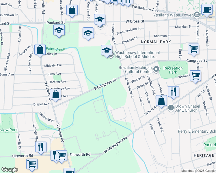 map of restaurants, bars, coffee shops, grocery stores, and more near 1573 South Congress Street in Ypsilanti