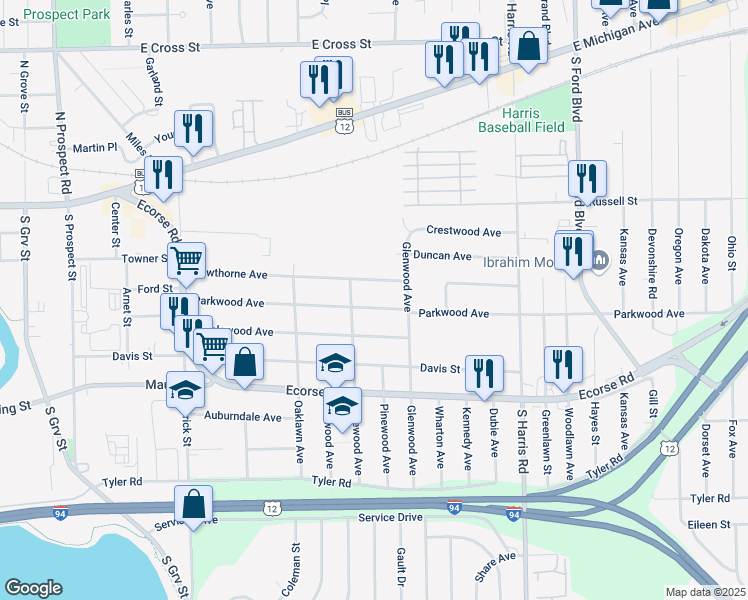 map of restaurants, bars, coffee shops, grocery stores, and more near 1130 Hawthorne Avenue in Ypsilanti