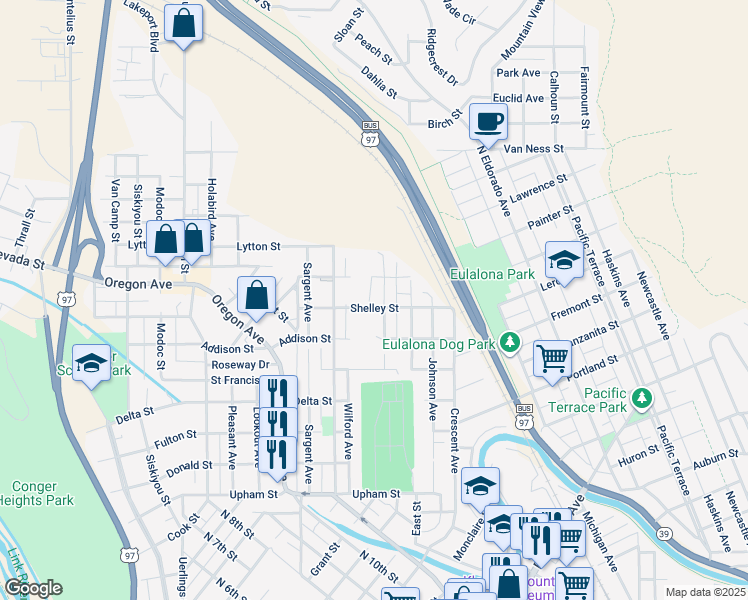 map of restaurants, bars, coffee shops, grocery stores, and more near 1900 Lancaster Avenue in Klamath Falls